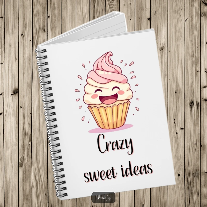 Funny cupcake notebook cover displays a laughing cupcake with a comical frosting explosion, perfect for capturing notes and doodles.