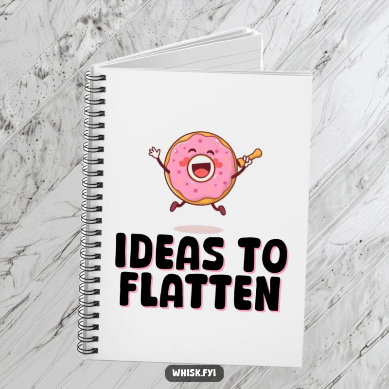 Funny notebook with a joyful donut character jumping with a rolling pin, designed for recording recipes and baking notes.