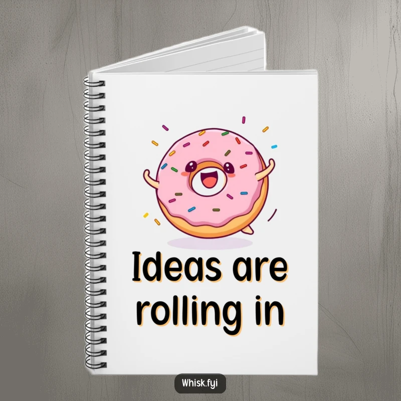 Funny donut notebook cover showcases a cheerful donut character rolling excitedly with a shower of sprinkles, perfect for note-taking.