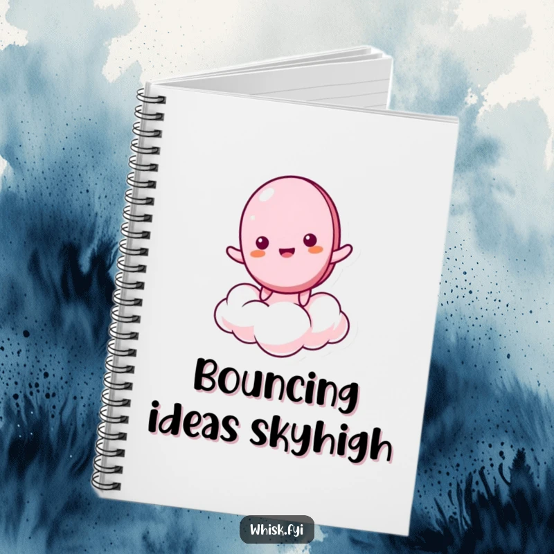 Funny notebook cover featuring a giddy macaron character bouncing on a cloud, perfect for journaling sweet thoughts and creative ideas.