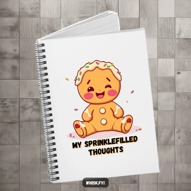 Funny gingerbread man notebook, happily decorating with sprinkles, perfect for jotting down sweet thoughts and holiday plans.