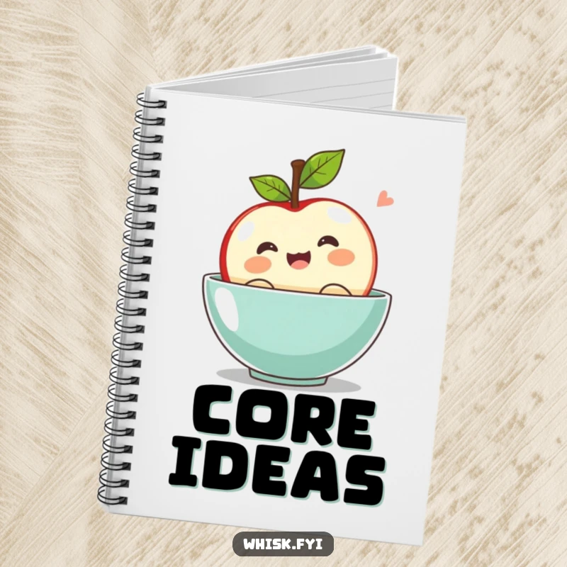 Funny kawaii apple notebook, bobbing with excitement in a bowl, for writing and doodling.