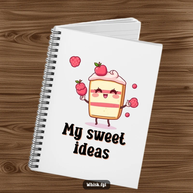Funny Kawaii cake notebook, featuring a playful cake slice character juggling berries, perfect for recipe writing and notes.