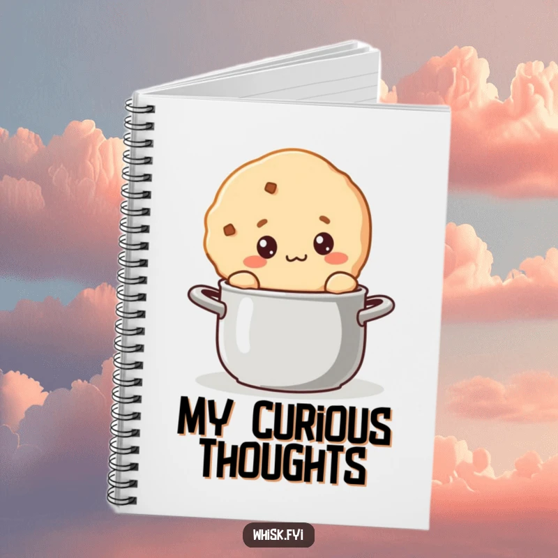 Funny kawaii cookie notebook with a curious cookie character stirring a pot, inspiring culinary adventures.
