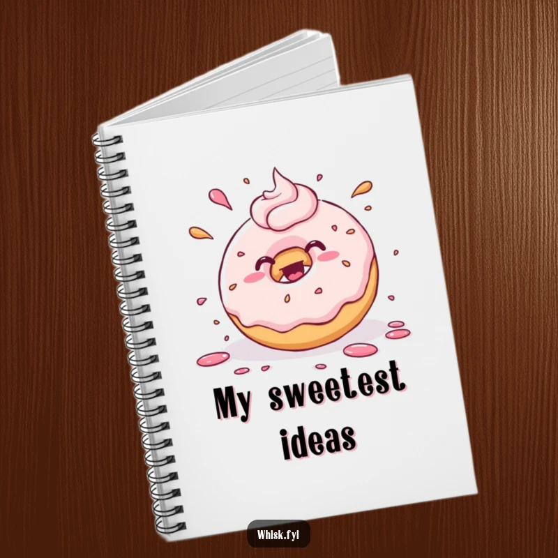 Funny kawaii donut joyfully splattering frosting with playful abandon, on the cover of a lined notebook. Ideal for creative journaling.
