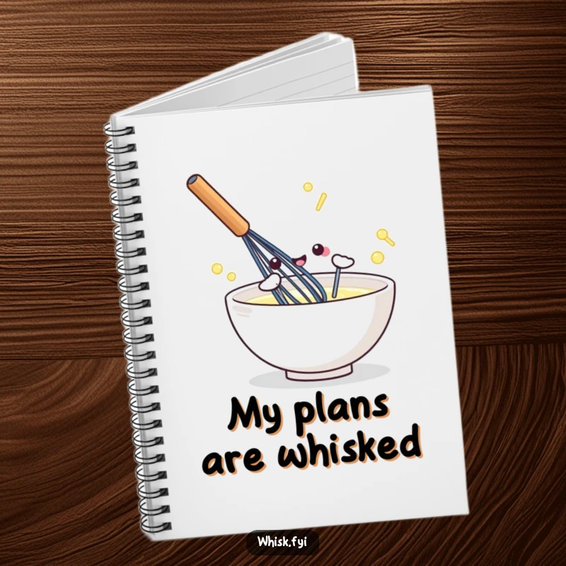 Funny kawaii notebook featuring a whisk in energetic motion, ideal for writing recipes and kitchen notes.