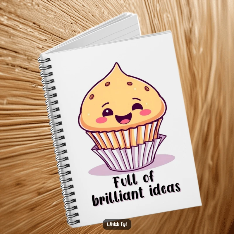 Funny notebook cover with a joyful muffin character popping out of its liner with pure, unadulterated glee.