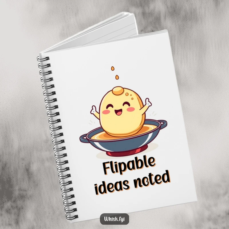 Funny pancake notebook with a happy breakfast character performing a flip, inspiring morning creativity.