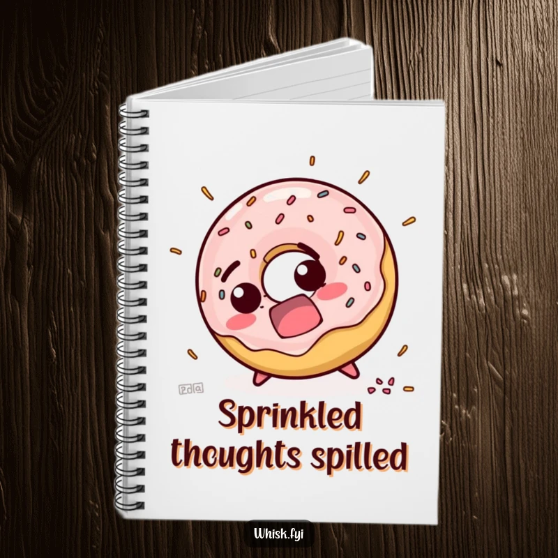 Funny notebook cover featuring a startled doughnut character with scattered sprinkles, ideal for notes and amusing thoughts.