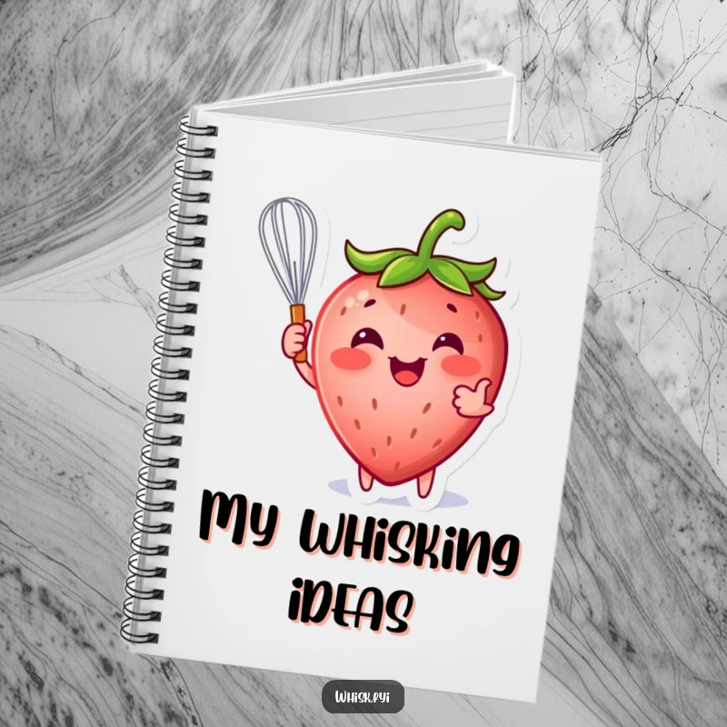 Funny strawberry notebook featuring a happy strawberry character playfully holding a whisk, perfect for recipes and notes.