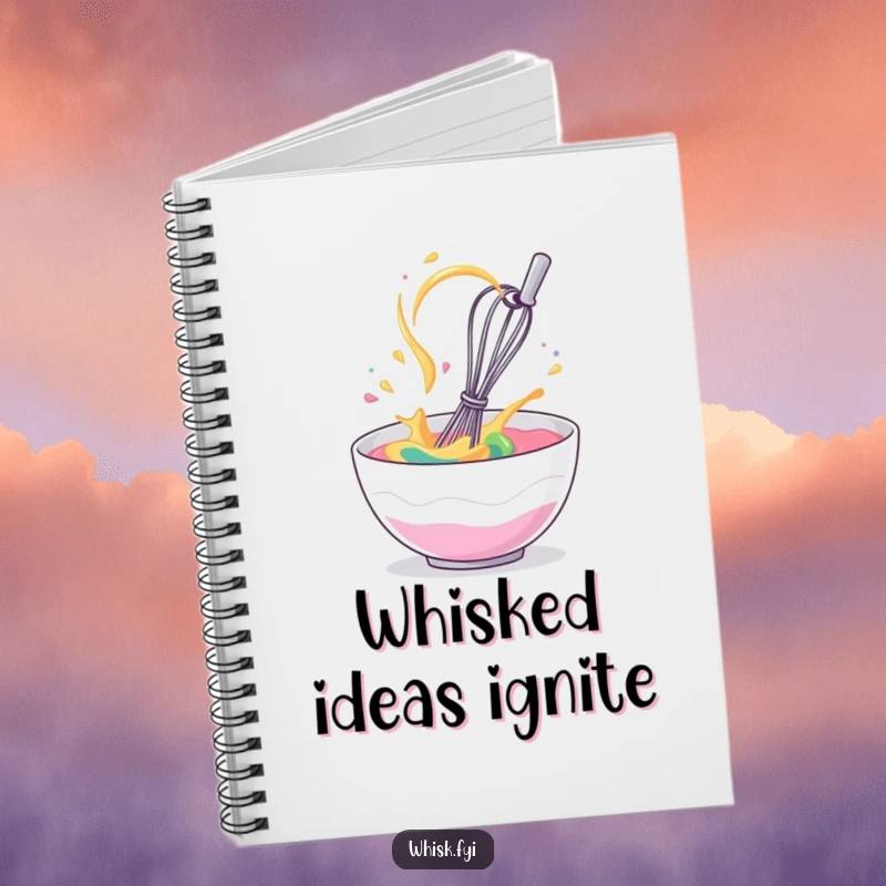 Funny notebook with a giggling whisk spinning energetically in a bowl of batter, for writing notes.