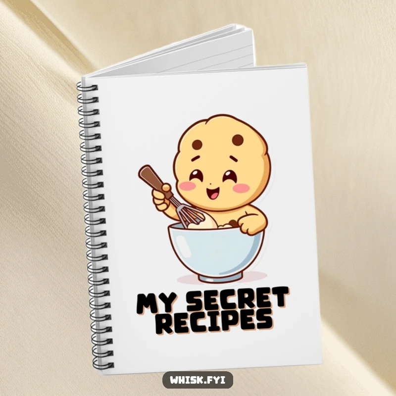 Funny notebook with a happy cookie character vigorously whisking batter in a bowl, perfect for recording recipes with a humorous touch.
