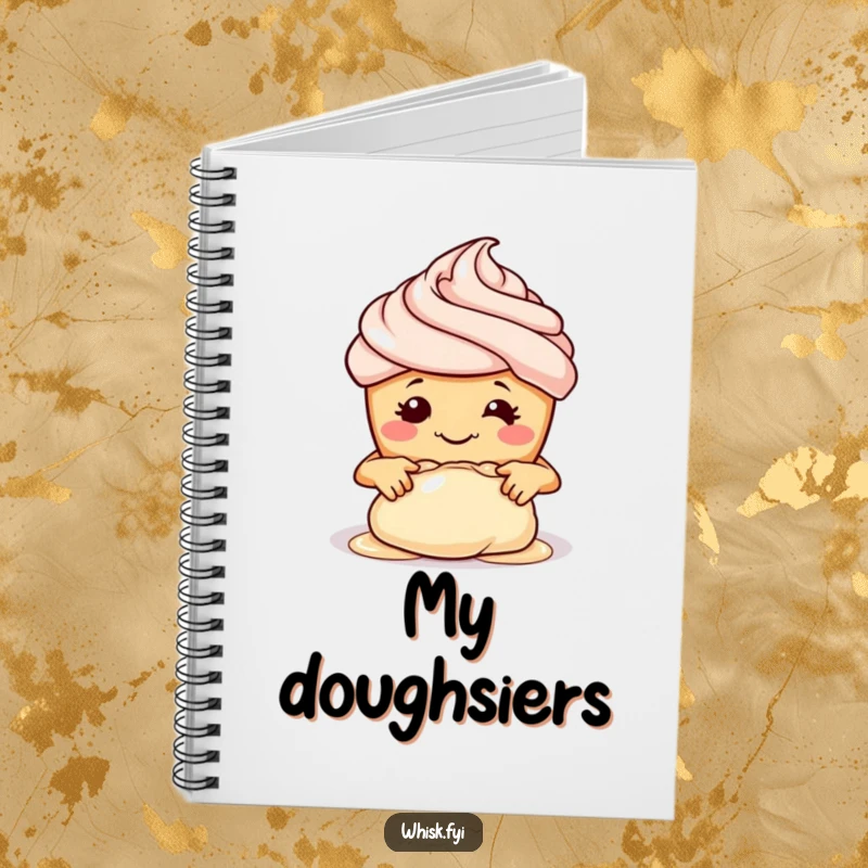 Funny notebook cover with a cute smiling cupcake kneading dough, perfect for jotting down baking ideas.