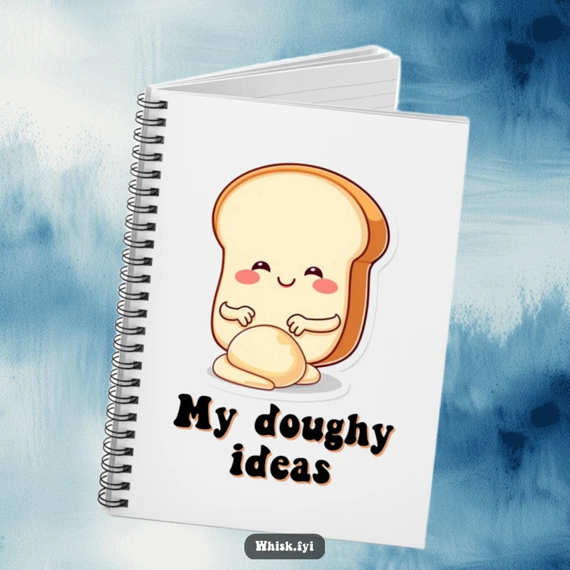 Funny bread slice character happily kneading dough, depicted on the cover of a notebook for recipe keeping.