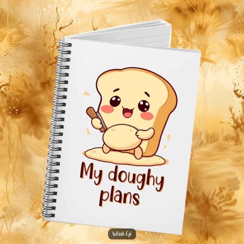 Funny Kawaii bread notebook, featuring an excited bread loaf character kneading dough, perfect for recipe writing.