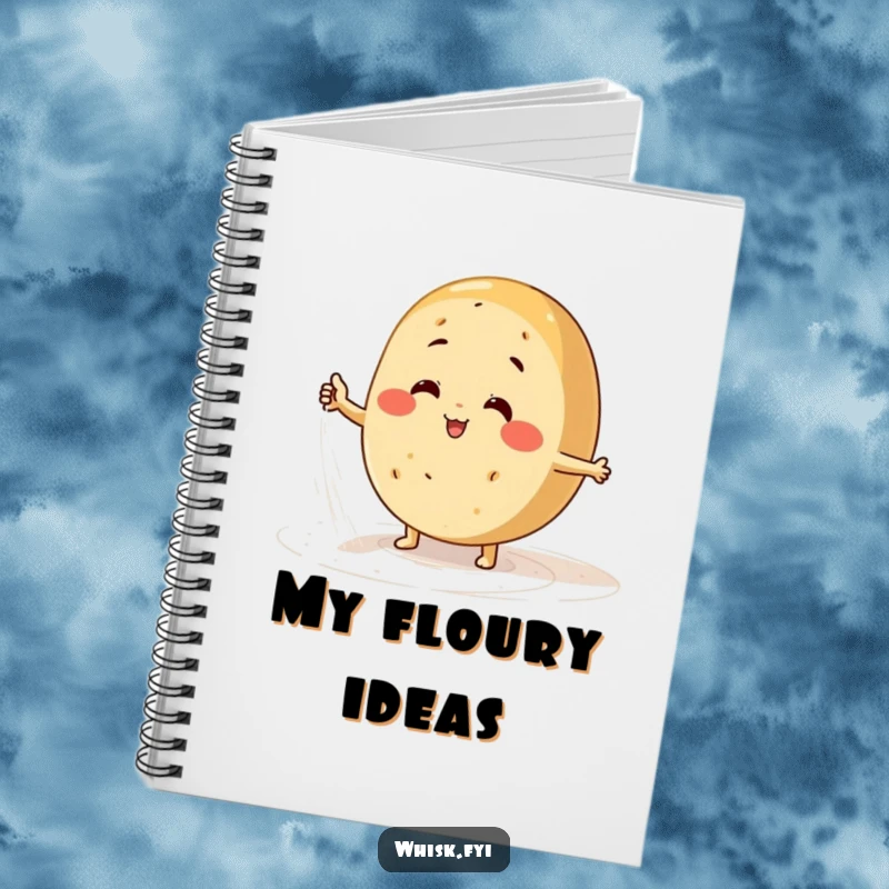 Funny bread notebook with a happy baker character energetically dusting flour on a surface, inspiring creativity.