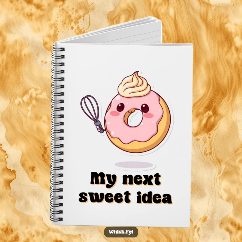 Funny donut character diligently swirling frosting with a whisk on a notebook cover, inspiring sweet thoughts and creative writing.