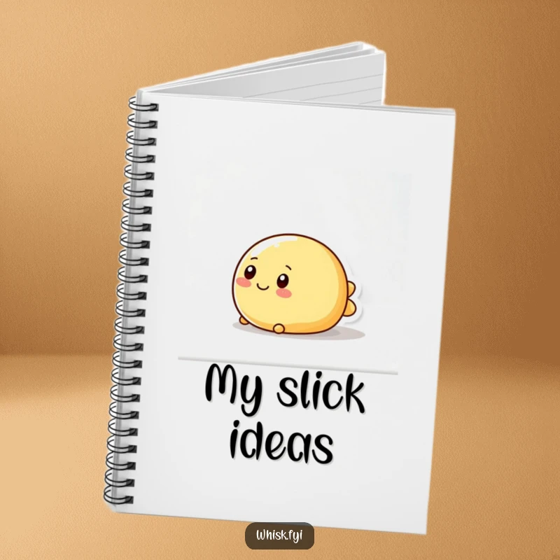 Funny notebook with a wobbly, round butter character happily sliding, perfect for jotting down recipes or kitchen ideas.