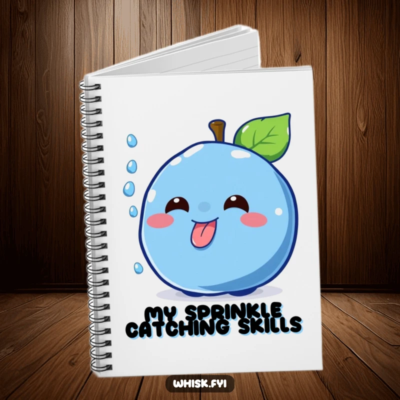 Funny cheerful blue blueberry catching a sprinkle on a notebook cover, a cute and humorous dessert journal.