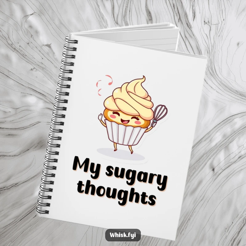 Funny notebook with a smiling cupcake character playfully twirling a whisk, ideal for recording recipes with a sweet, humorous touch.