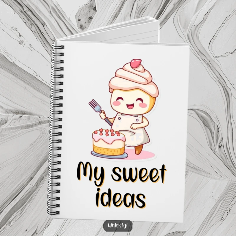 Funny notebook: A smiling cupcake with an apron joyfully decorating a cake, inspiring creativity.