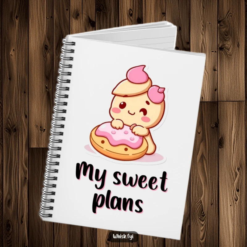 Funny Kawaii cookie character delighted and icing another cookie on a notebook cover, symbolizing sweet planning.