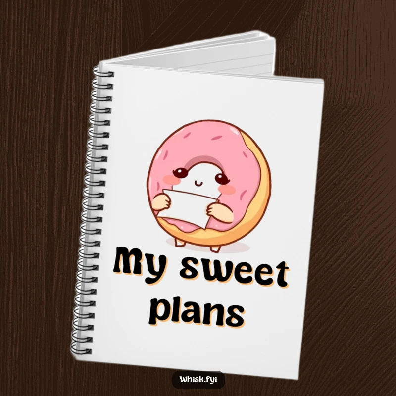 Funny notebook featuring a determined, small donut character carefully folding a small piece of parchment paper, perfect for baking notes.