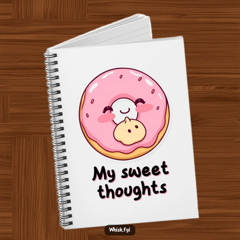 Funny notebook cover with a blushing donut frosting a cookie, inspiring sweet thoughts and baking ideas.