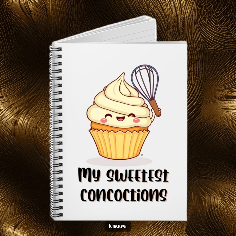 Funny cheerful cupcake joyfully swirling batter with a whisk on a humorous notebook cover.
