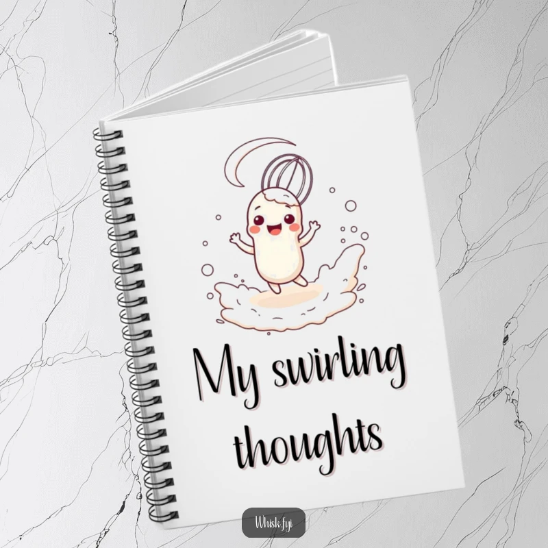 Funny whisk character happily twirling in a cloud of flour, depicted on the cover of a notebook for recipe keeping.