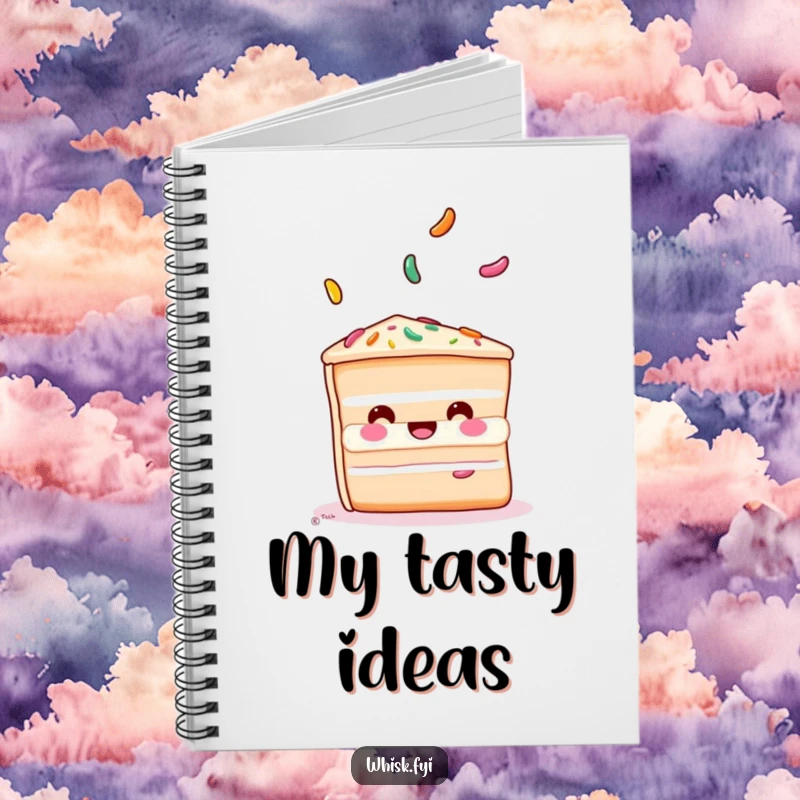 Funny cake notebook cover with a playful slice of cake juggling sprinkles, symbolizing creativity and sweetness.