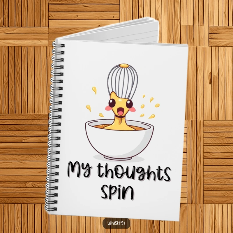 Funny Whisk Notebook featuring a surprised whisk spinning wildly in a bowl, perfect for jotting down recipes and ideas.