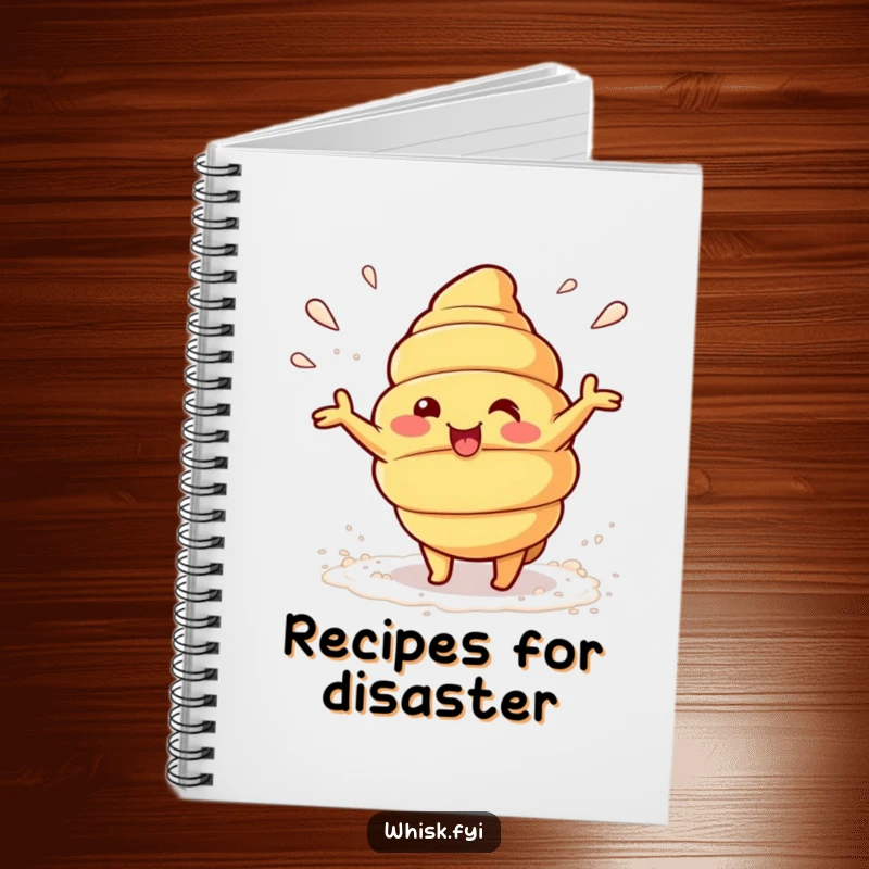 Funny Kawaii croissant character beaming and playfully tossing flour on a notebook cover, symbolizing baking ideas.
