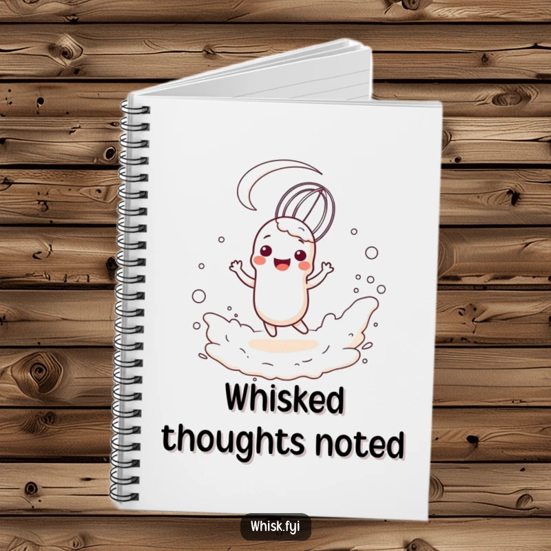 Funny notebook featuring a happy, anthropomorphic whisk character twirling playfully in a cloud of flour, great for recipe writing.