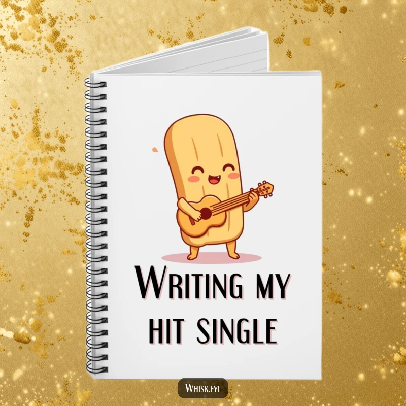 Funny baguette notebook cover displays a delighted baguette character playing a tiny pastry guitar, perfect for capturing creative notes.