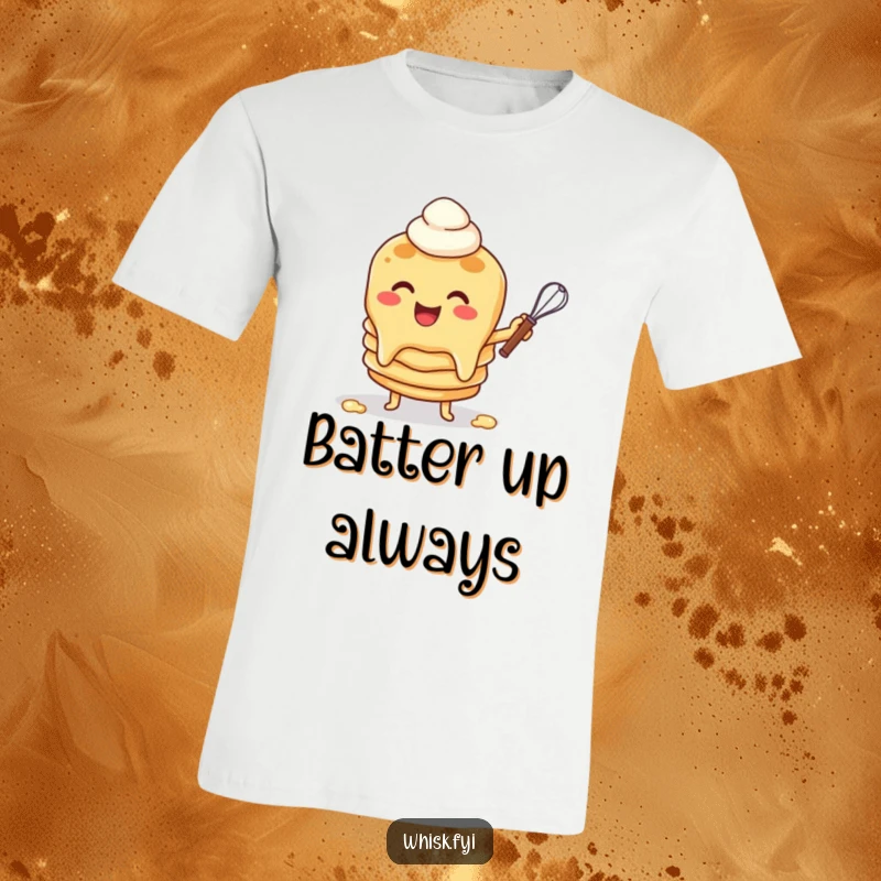 Funny T-shirt featuring a cheerful pancake character flipping batter with a whisk, exuding breakfast joy and baking enthusiasm.