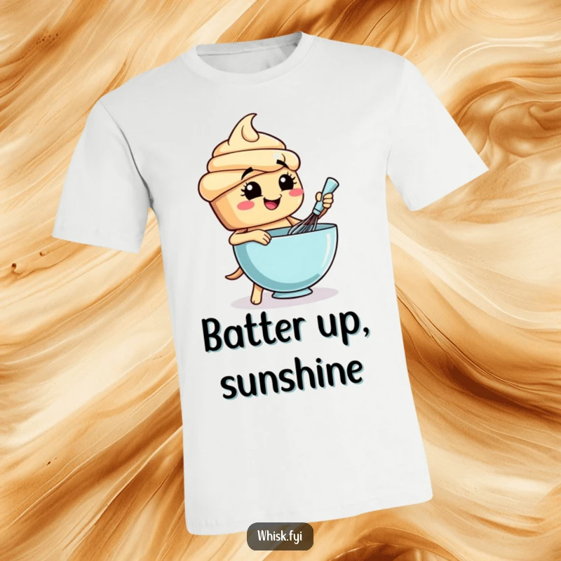 Funny cupcake character t-shirt depicting a joyful baker vigorously whisking a bowl of batter with a mixer.