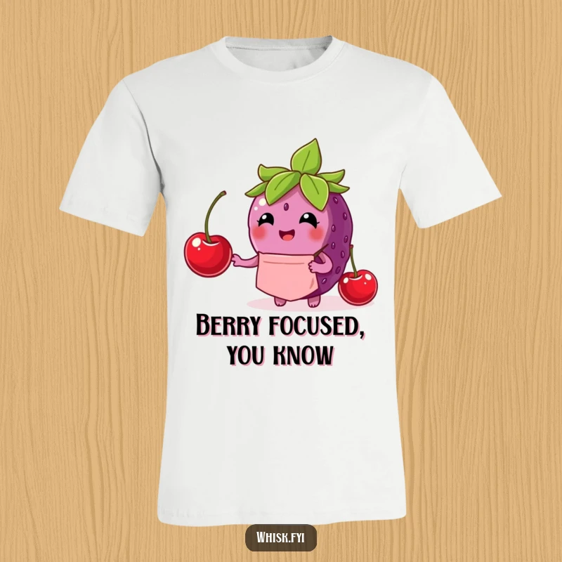 Funny berry t-shirt showing a delighted berry in an apron carefully placing a cherry, embodying culinary passion.