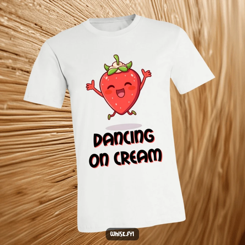 Funny Strawberry Dance T-Shirt: A thrilled strawberry joyfully dancing with a dollop of cream, embodying pure dessert delight.