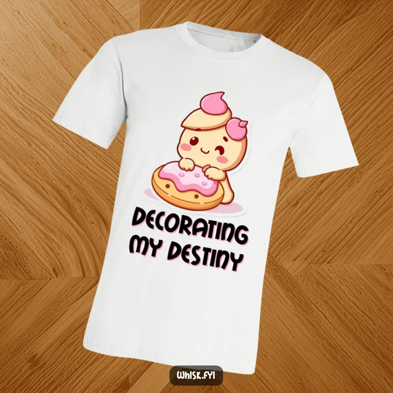 Funny Kawaii cookie character delighted and icing another cookie on a T-shirt, looking focused and happy.
