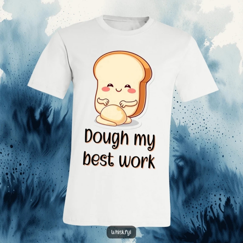 Funny, round bread slice character with a big smile, actively kneading dough with tiny hands, printed on a t-shirt.