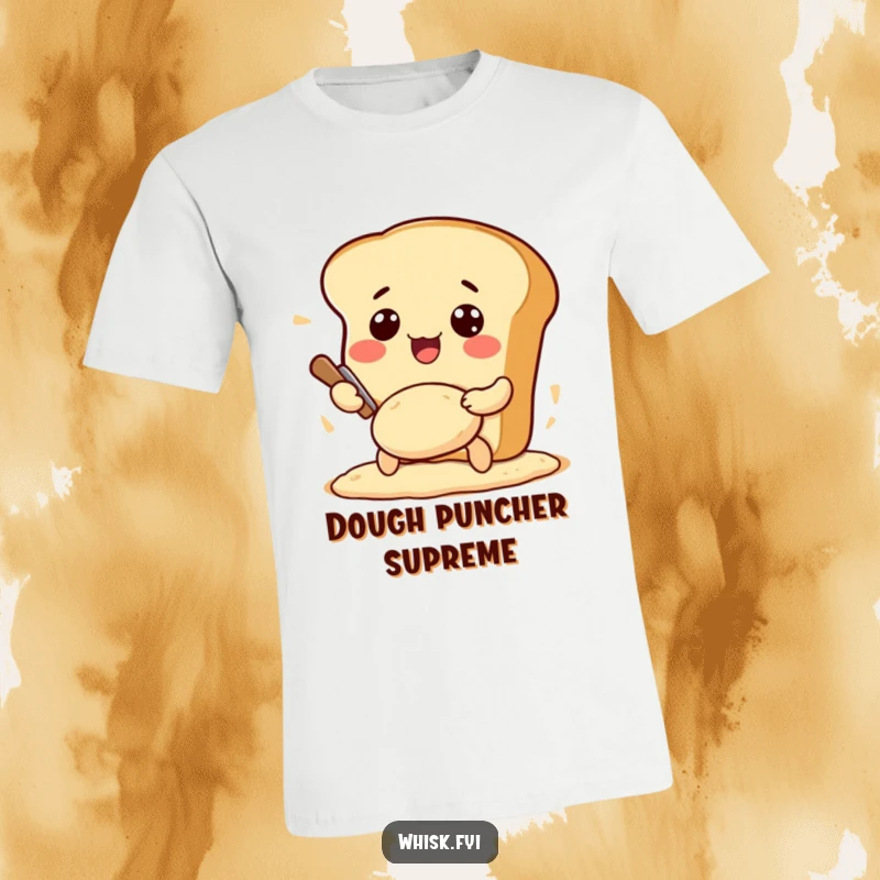 Funny Kawaii bread t-shirt, depicting an excited bread loaf character enthusiastically kneading dough, perfect for bakers.