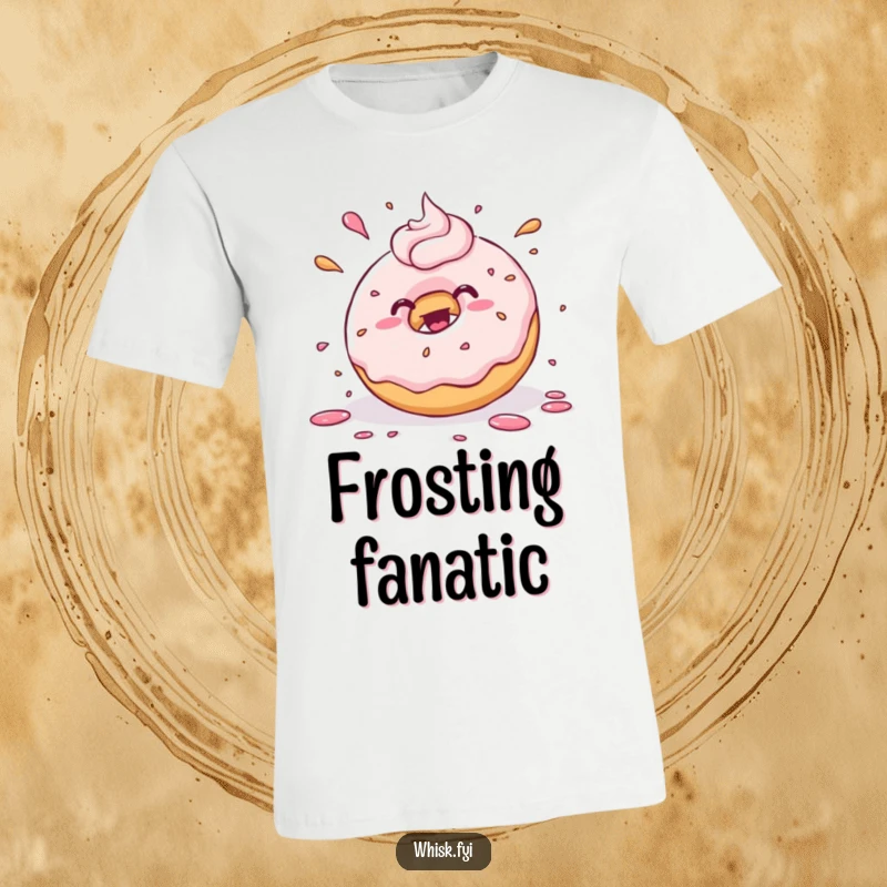 Funny kawaii donut joyfully splattering frosting with playful abandon, on a comfortable t-shirt. A humorous and sweet design.