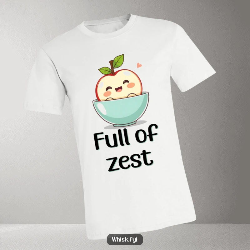 Funny kawaii apple t-shirt, bobbing with excitement in a bowl, looking cheerful and lively.
