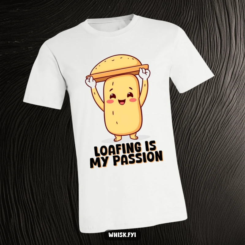 Funny baguette baker t-shirt displaying a proud baguette character holding a baking sheet high, showcasing baking pride.