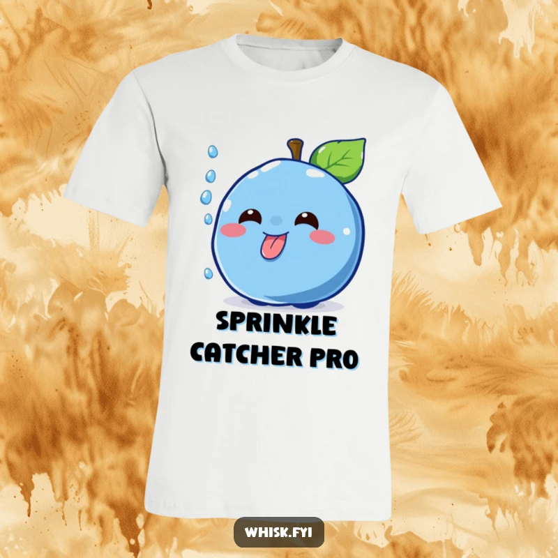 Funny cheerful blue blueberry character with a mischievous grin catching a sprinkle on a t-shirt, a delightful dessert humor tee.