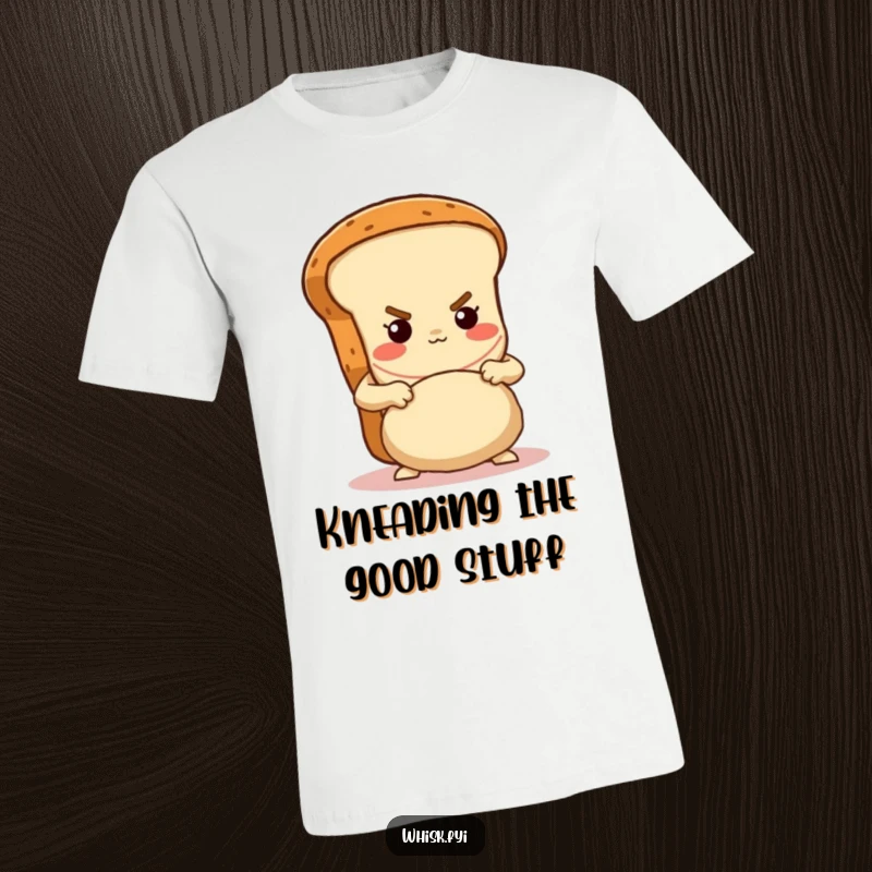 Funny determined brown bread loaf character proudly kneading dough with gusto on a t-shirt, showcasing baking dedication.