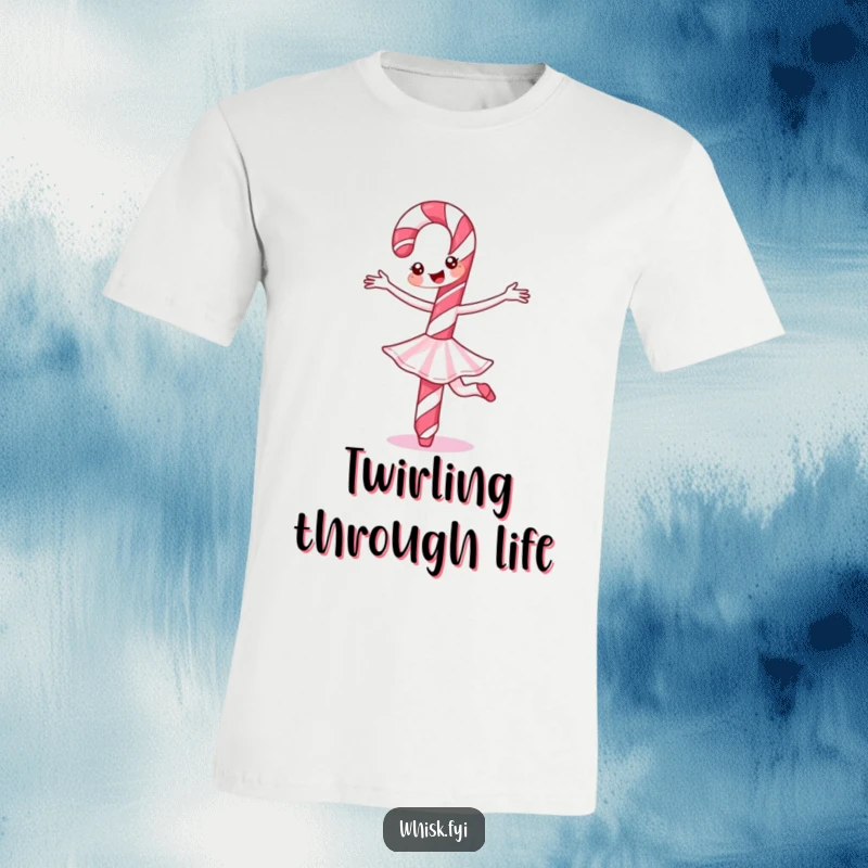 Funny Candy Cane Ballet T-Shirt featuring a cheerful candy cane in a graceful ballet twirl, celebrating holiday fun.