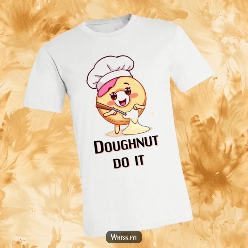 Funny t-shirt of a happy donut wearing a chef hat, enthusiastically mixing batter, celebrating the joy of baking with a smile.