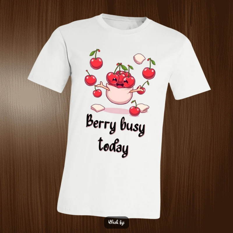 Funny playful bunch of cherries character juggling flour sacks on a comfortable t-shirt, embodying baking action.